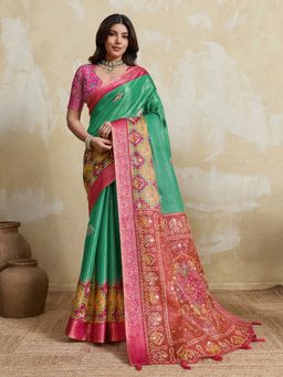 Sedora Couture - Green Kanjeevaram Woven Saree with Unstitched Blouse