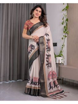 ALMAARI FASHION - Handloom Golden Zari and Floral Pattern Cream Saree with Unstitched Blouse