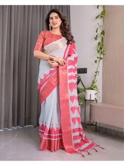 ALMAARI FASHION - Printed Zari Tassel Edges Grey Saree with Unstitched Blouse