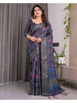 ALMAARI FASHION - Elegant Floral Zari Weave and Tassel Finish Blue Saree with Unstitched Blouse