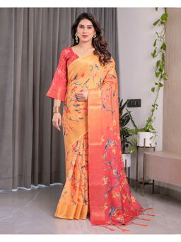 ALMAARI FASHION - Handloom Zari Weave Floral Tassels Orange Saree with Unstitched Blouse
