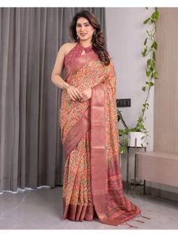 ALMAARI FASHION - Soft Handloom Zari Weave Floral Design Multi-Color Saree with Unstitched Blouse