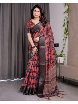 ALMAARI FASHION - Elegant Handloom Golden Zari and Floral Motifs Red Saree with Unstitched Blouse