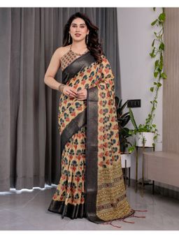 ALMAARI FASHION - Floral Zari Weave and Tassels Festive Wear Yellow Saree with Unstitched Blouse