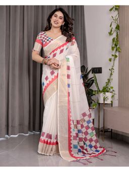 ALMAARI FASHION - Premium Zari Handloom Floral Print White Saree with Unstitched Blouse