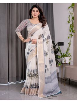 ALMAARI FASHION - Pastel Zari Floral Print and Tassel Border Grey Saree with Unstitched Blouse