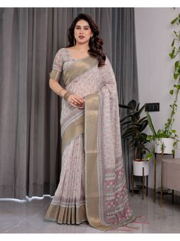 ALMAARI FASHION - Zari Weave Floral Print and Designer Tassels Grey Saree with Unstitched Blouse