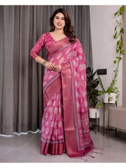 ALMAARI FASHION - Soft Zari Multicolour Floral Print and Tassels Pink Saree with Unstitched Blouse