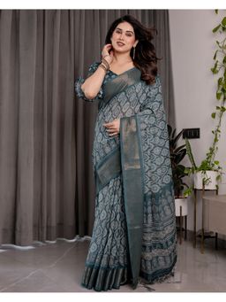 ALMAARI FASHION - Festive Handloom Zari Work and Floral Design Teal Saree with Unstitched Blouse
