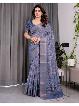 ALMAARI FASHION - Floral Golden Zari and Tassel Pallu Blue Saree with Unstitched Blouse