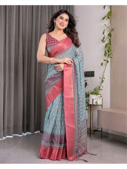 ALMAARI FASHION - Stylish Zari Digital Floral Print Green Saree with Unstitched Blouse