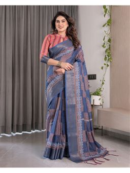 ALMAARI FASHION - Traditional Handloom Zari Floral and Tassels Blue Saree with Unstitched Blouse