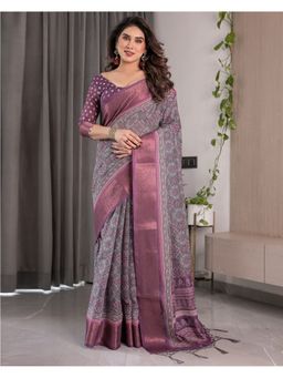 ALMAARI FASHION - Designer Zari Weave and Floral Print Pallu Purple Saree with Unstitched Blouse