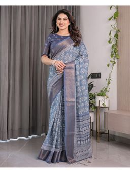 ALMAARI FASHION - Handloom Golden Zari and Floral Pattern Blue Saree with Unstitched Blouse