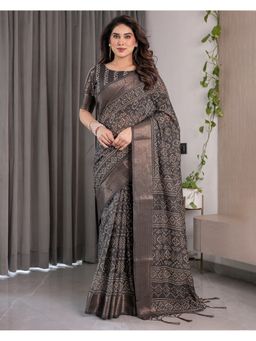 ALMAARI FASHION - Blue Elegant Floral Zari Weave and Tassel Finish Black Saree with Unstitched Blouse