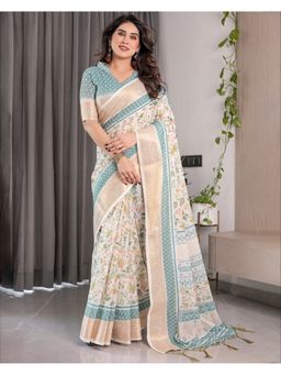 ALMAARI FASHION - White Handloom Zari Weave Floral Tassels Saree with Unstitched Blouse