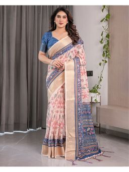 ALMAARI FASHION - Cream Soft Handloom Zari Weave Floral Design Saree with Unstitched Blouse