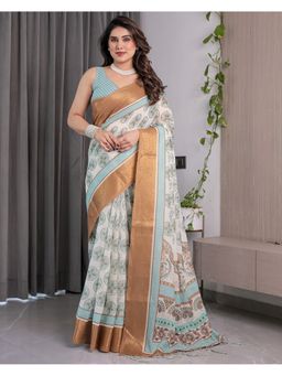 ALMAARI FASHION - Blue Premium Zari Handloom Floral Print Saree with Unstitched Blouse