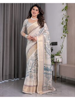 ALMAARI FASHION - White Pastel Zari Floral Print and Tassel Border Saree with Unstitched Blouse