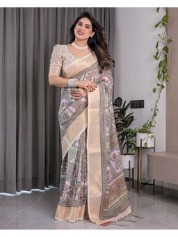 ALMAARI FASHION - Cream Ethnic Handloom Zari Weave and Floral Design Saree with Unstitched Blouse