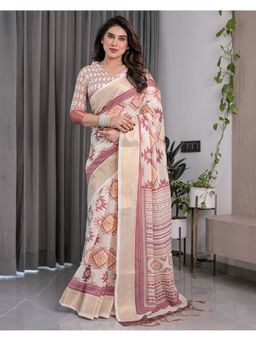ALMAARI FASHION - Pink Zari Weave Floral Print and Designer Tassels Saree with Unstitched Blouse