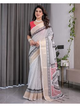 ALMAARI FASHION - White Soft Zari Multicolour Floral Print and Tassels Saree with Unstitched Blouse