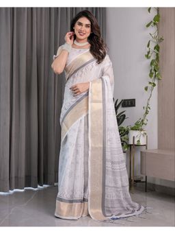 ALMAARI FASHION - White Festive Handloom Zari Work and Floral Design Saree with Unstitched Blouse