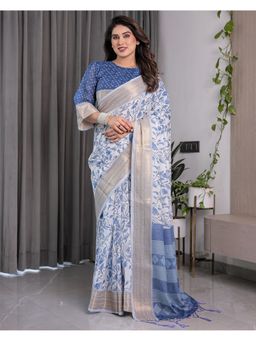 ALMAARI FASHION - Blue Floral Golden Zari and Tassel Pallu Saree with Unstitched Blouse