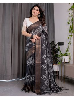 ALMAARI FASHION - Black Stylish Zari Digital Floral Print Saree with Unstitched Blouse
