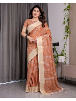 ALMAARI FASHION - Orange Designer Zari Weave and Floral Print Pallu Saree with Unstitched Blouse