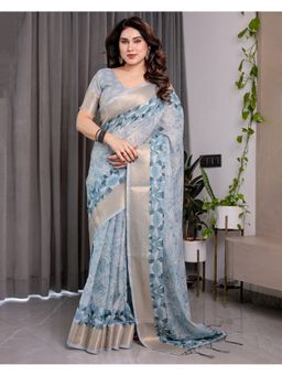 ALMAARI FASHION - Blue Printed Zari Tassel Edges Saree with Unstitched Blouse