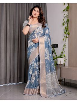 ALMAARI FASHION - Blue Elegant Floral Zari Weave and Tassel Finish Saree with Unstitched Blouse