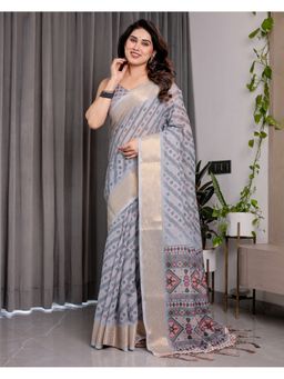 ALMAARI FASHION - Grey Handloom Zari Weave Floral Tassels Saree with Unstitched Blouse