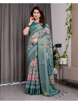 ALMAARI FASHION - Blue Soft Handloom Zari Weave Floral Design Saree with Unstitched Blouse