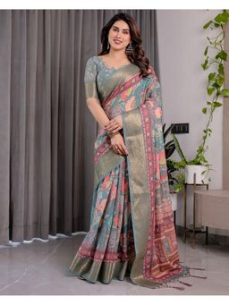 ALMAARI FASHION - Green Elegant Handloom Golden Zari and Floral Motifs Saree with Unstitched Blouse