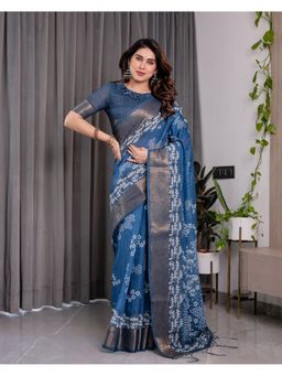 ALMAARI FASHION - Blue Premium Zari Handloom Floral Print Saree with Unstitched Blouse