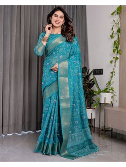 ALMAARI FASHION - Blue Festive Handloom Zari Work and Floral Design Saree with Unstitched Blouse