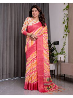 ALMAARI FASHION - Pink Floral Golden Zari and Tassel Pallu Saree with Unstitched Blouse