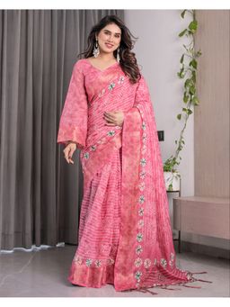 ALMAARI FASHION - Pink Stylish Zari Digital Floral Print Saree with Unstitched Blouse