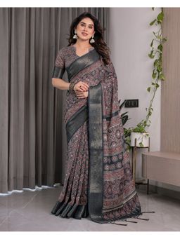 ALMAARI FASHION - Purple Designer Zari Weave and Floral Print Pallu Saree with Unstitched Blouse