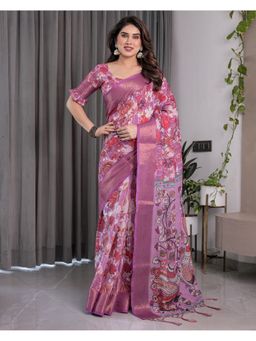 ALMAARI FASHION - Purple Handloom Golden Zari and Floral Pattern Saree with Unstitched Blouse