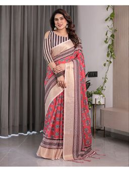 ALMAARI FASHION - Red Elegant Floral Zari Weave and Tassel Finish Saree with Unstitched Blouse