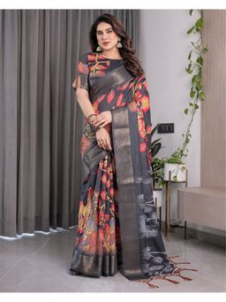 ALMAARI FASHION - Grey Soft Handloom Zari Weave Floral Design and Saree with Unstitched Blouse