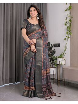 ALMAARI FASHION - Charcoal Elegant Handloom Golden Zari and Floral Motifs Saree with Unstitched Blouse
