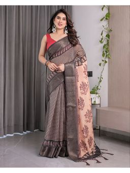 ALMAARI FASHION - Brown Premium Zari Handloom Floral Print Saree with Unstitched Blouse