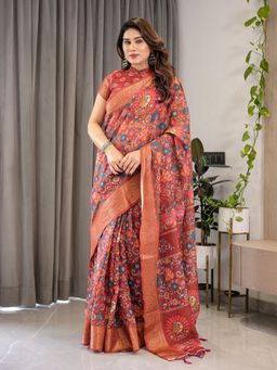 ALMAARI FASHION - Rust Floral Saree with Unstitched Blouse