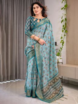ALMAARI FASHION - Blue Floral Saree with Unstitched Blouse