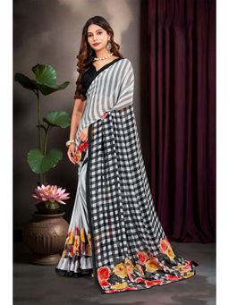 Sedora Couture - Grey Georgette Checks Printed Saree with Unstitched Blouse
