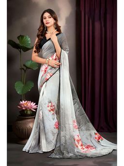 Sedora Couture - Grey Georgette Floral Printed Saree with Unstitched Blouse