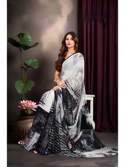Sedora Couture - Grey Georgette Stripes Printed Saree with Unstitched Blouse